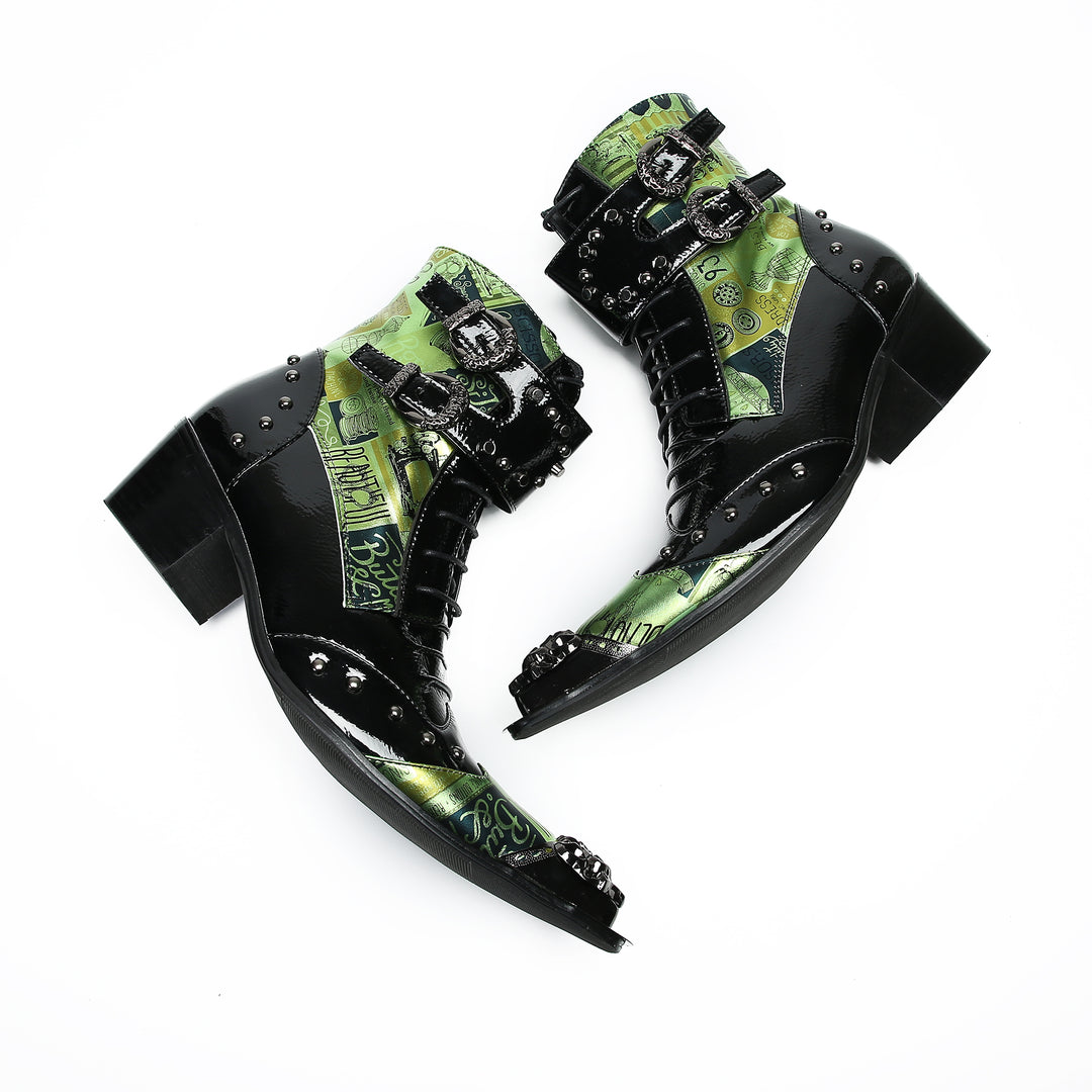 Black Green Rivet Pointed Shoes 9977