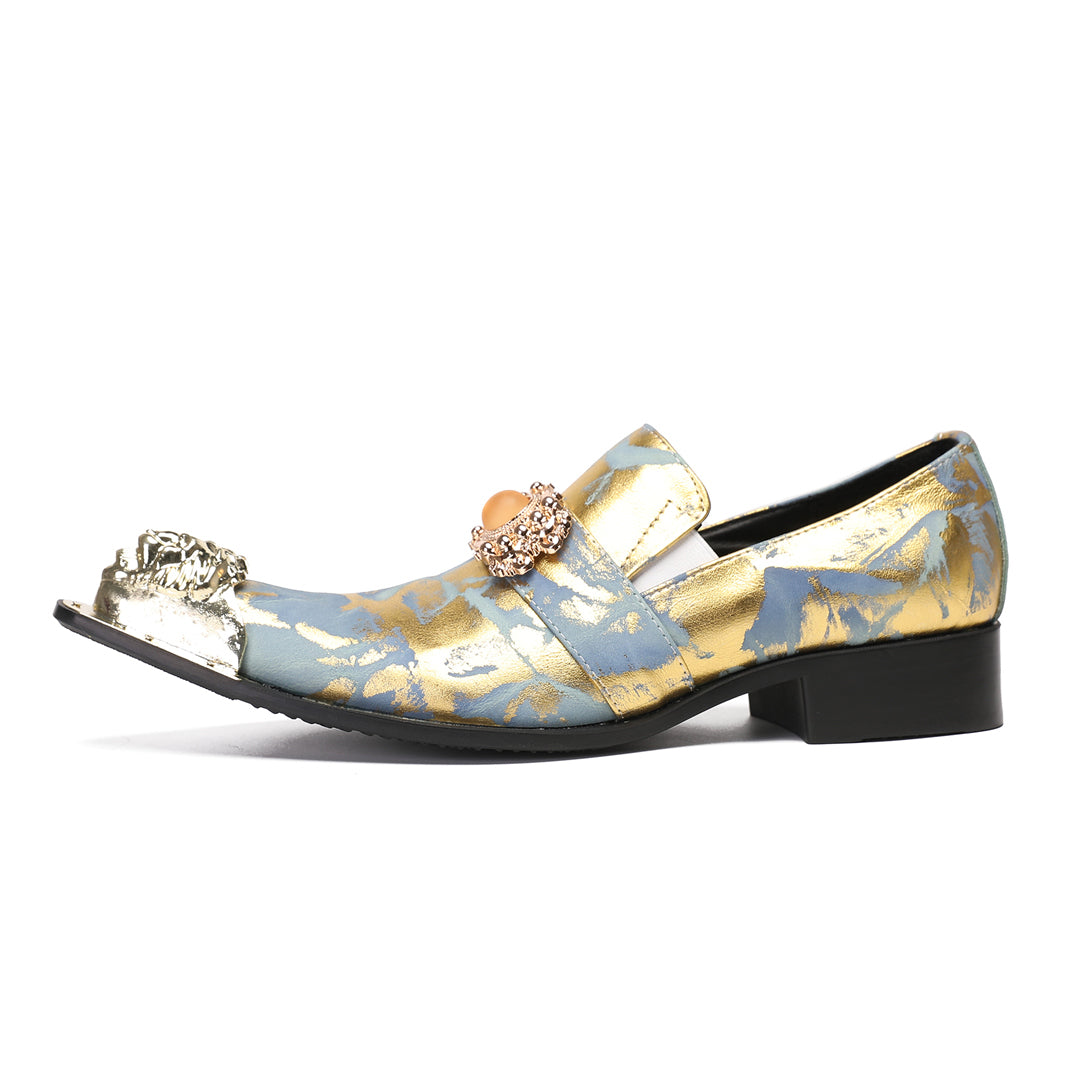 Blue Gold Lion Decoration Pointed Shoes 9194