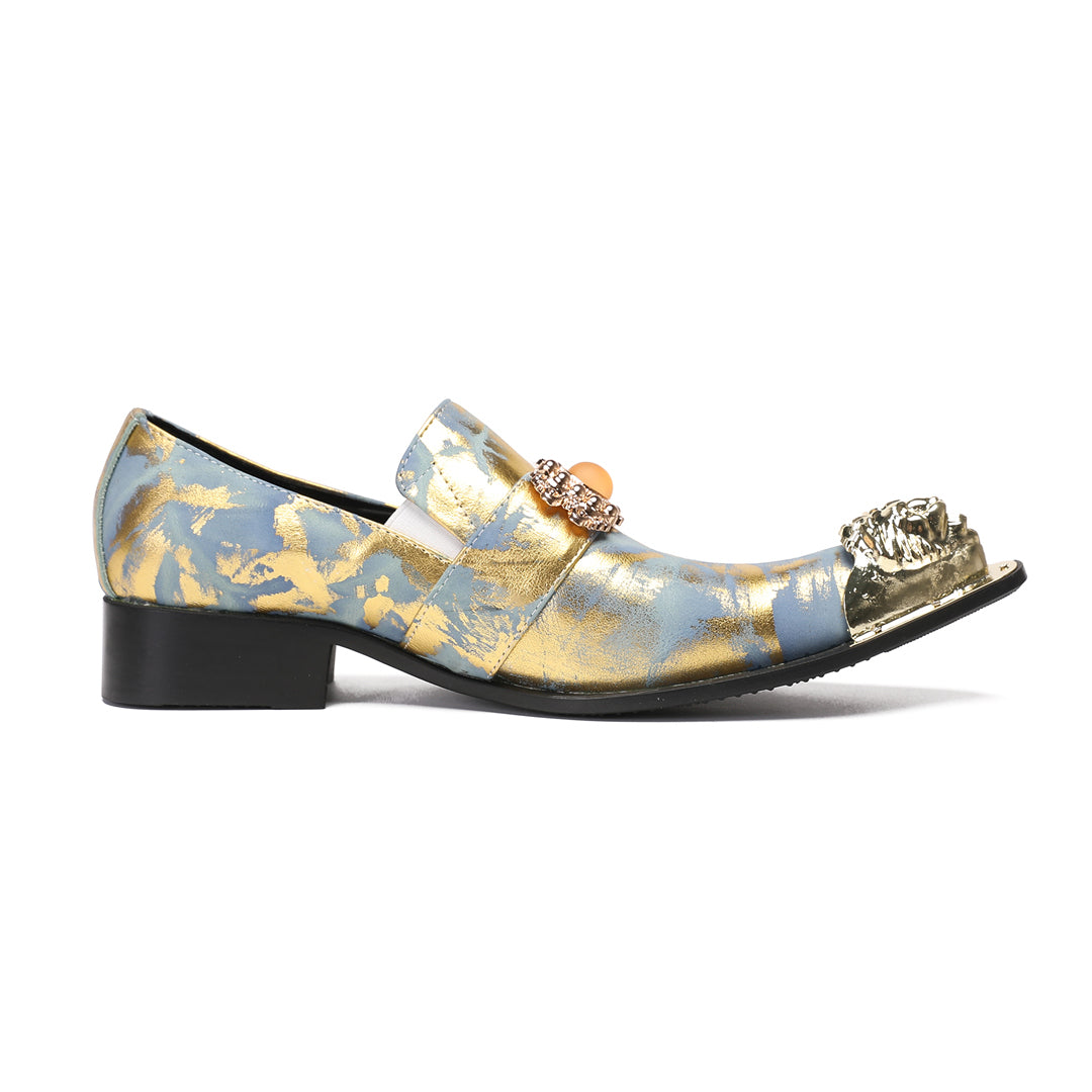Blue Gold Lion Decoration Pointed Shoes 9194