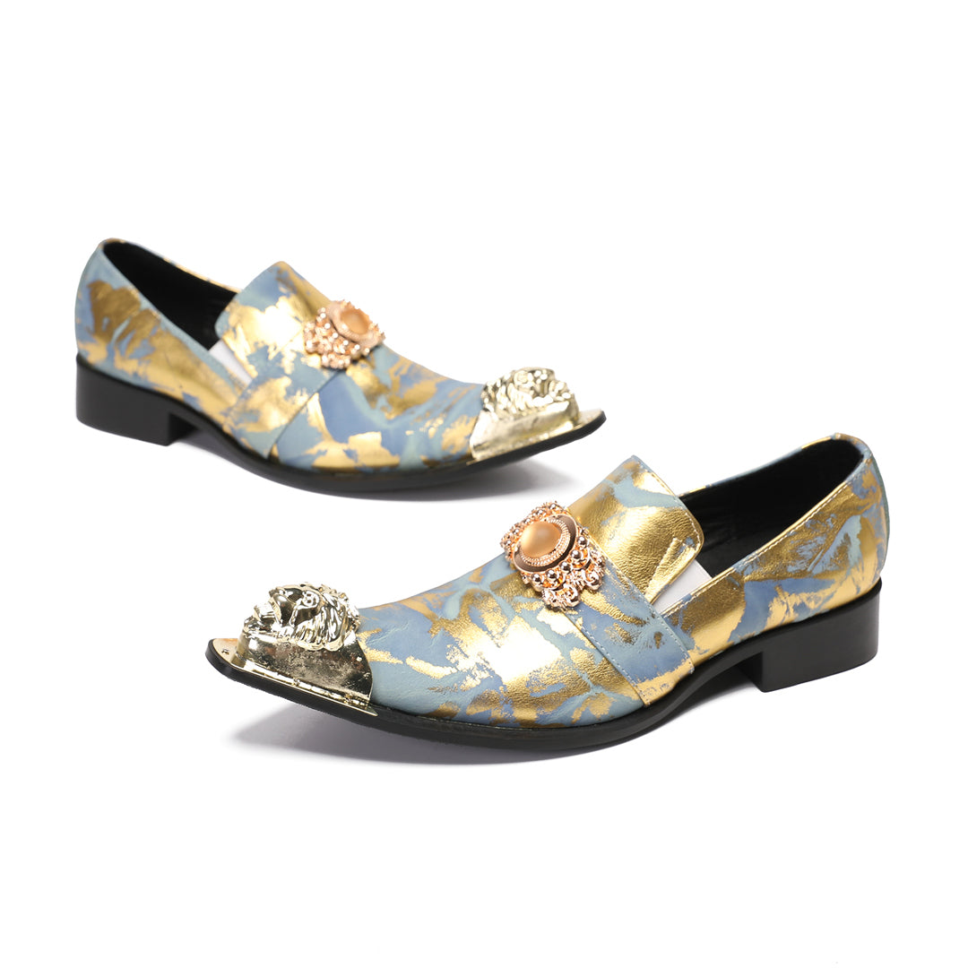 Blue Gold Lion Decoration Pointed Shoes 9194