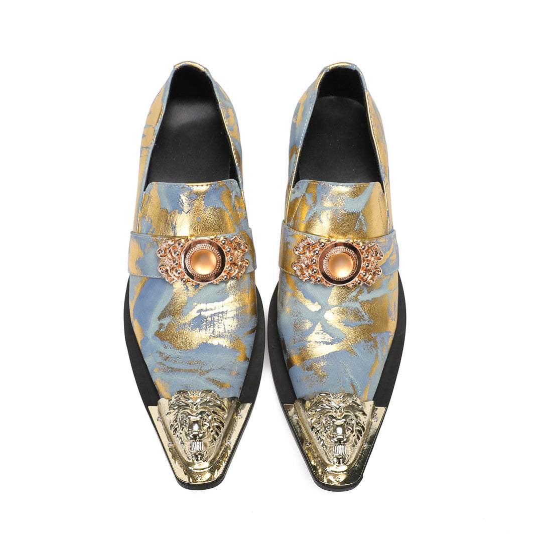Blue Gold Lion Decoration Pointed Shoes 9194