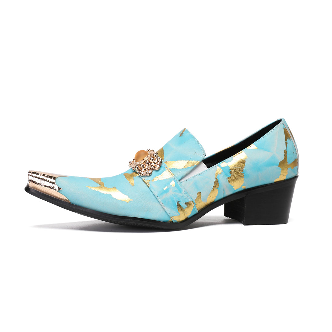 Blue Gold Print Buckle Pointed Shoes 9195