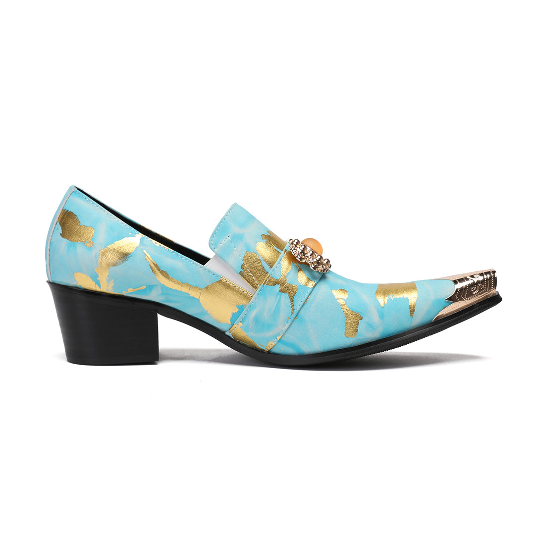 Blue Gold Print Buckle Pointed Shoes 9195
