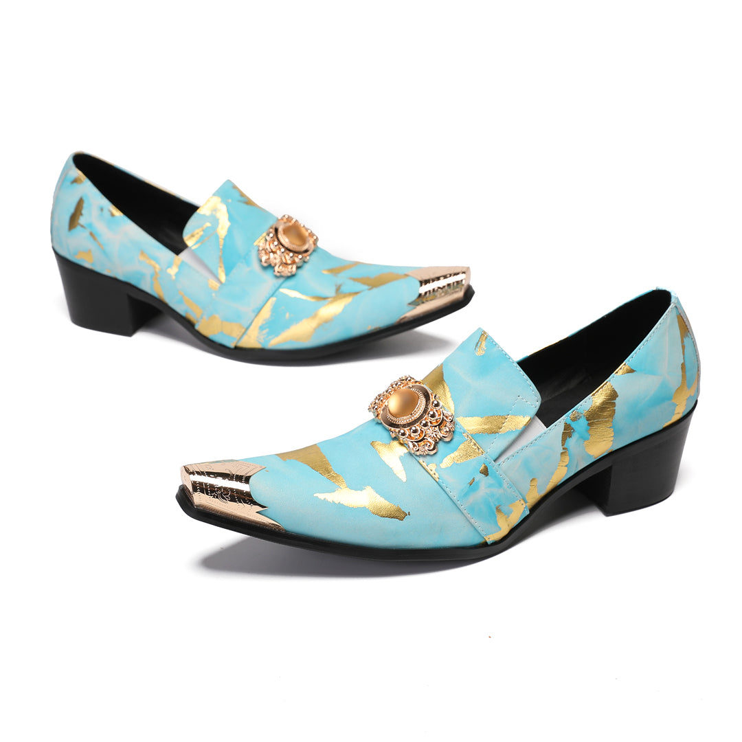 Blue Gold Print Buckle Pointed Shoes 9195
