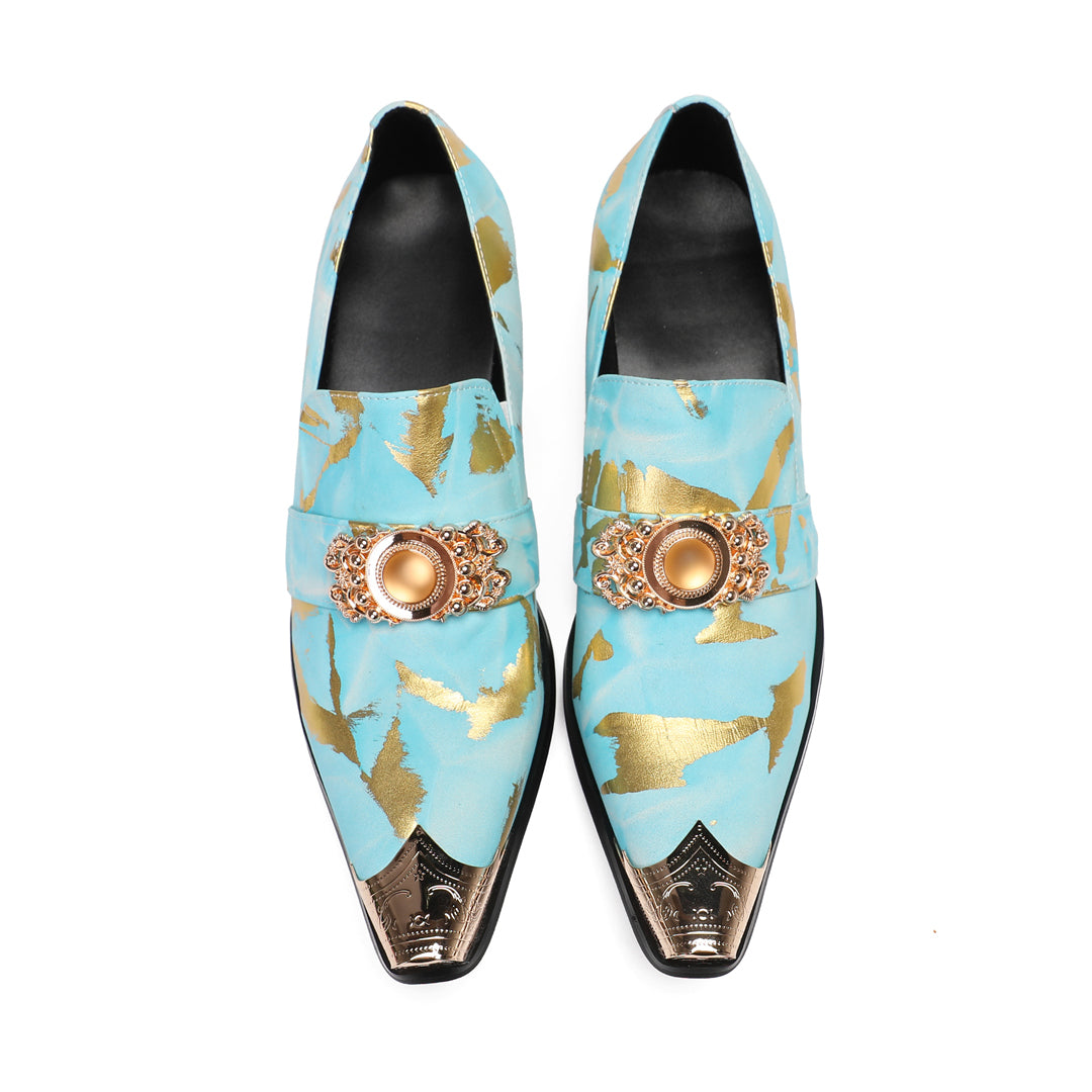 Blue Gold Print Buckle Pointed Shoes 9195