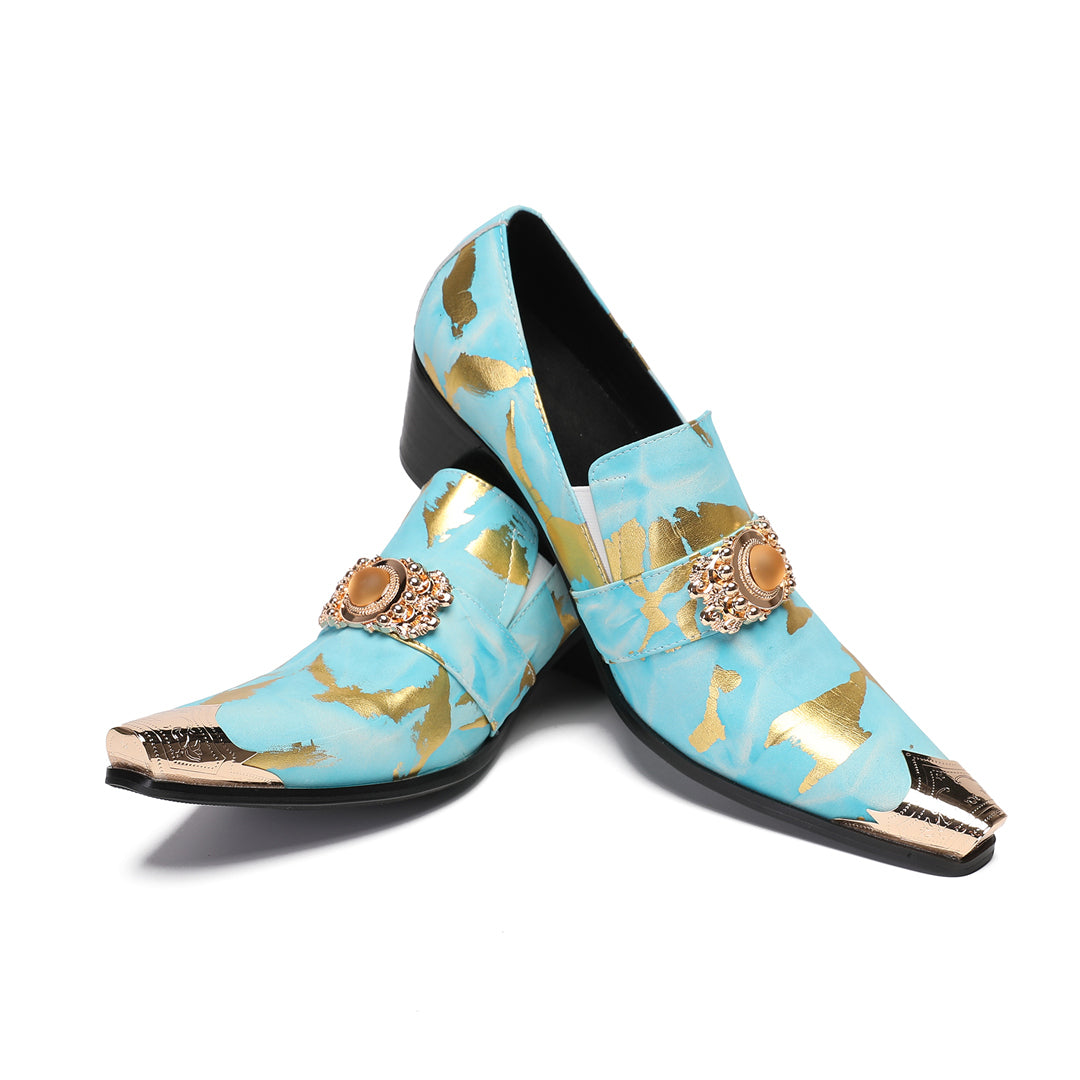 Blue Gold Print Buckle Pointed Shoes 9195