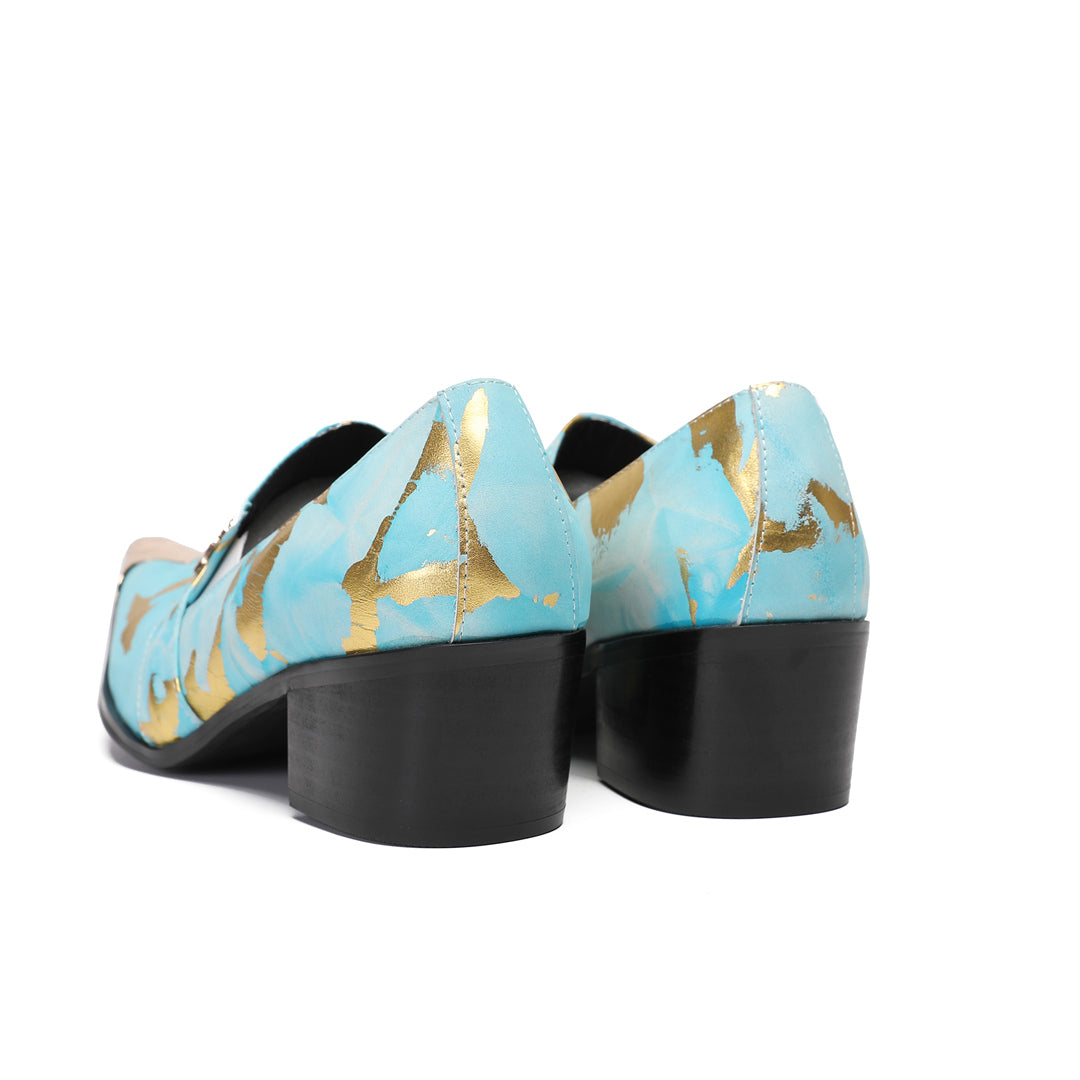 Blue Gold Print Buckle Pointed Shoes 9195
