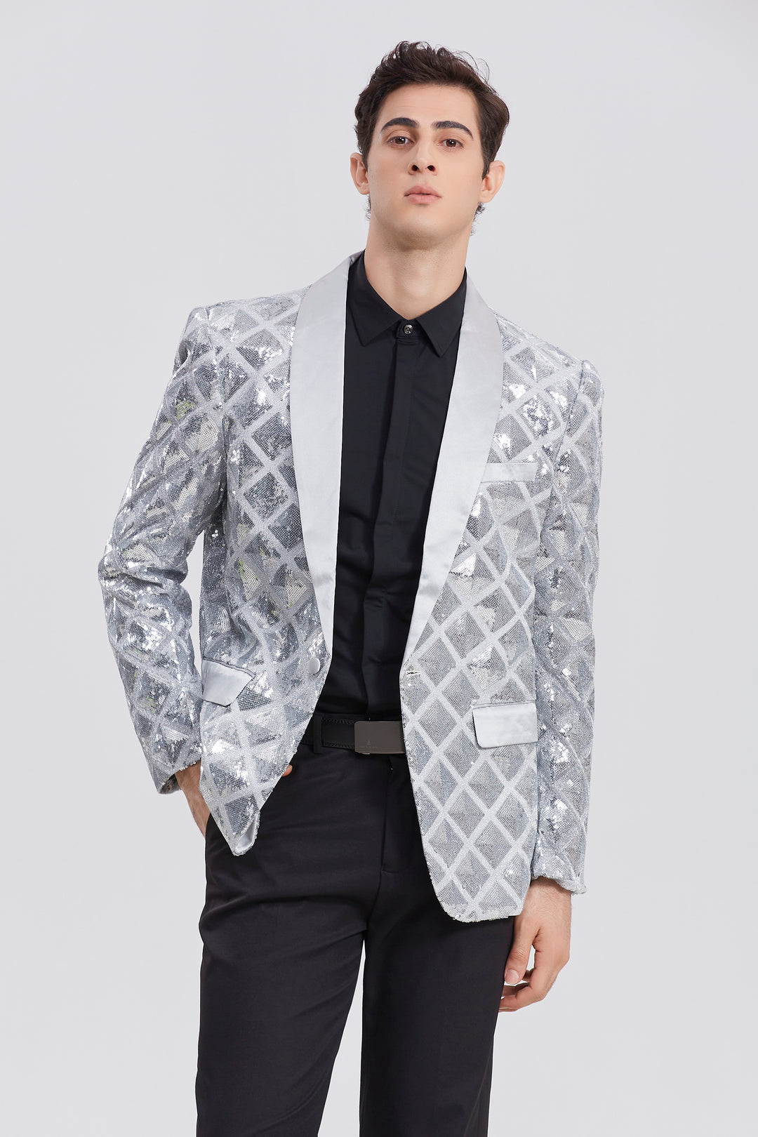 Silver Plaid Sequin Blazer S8230